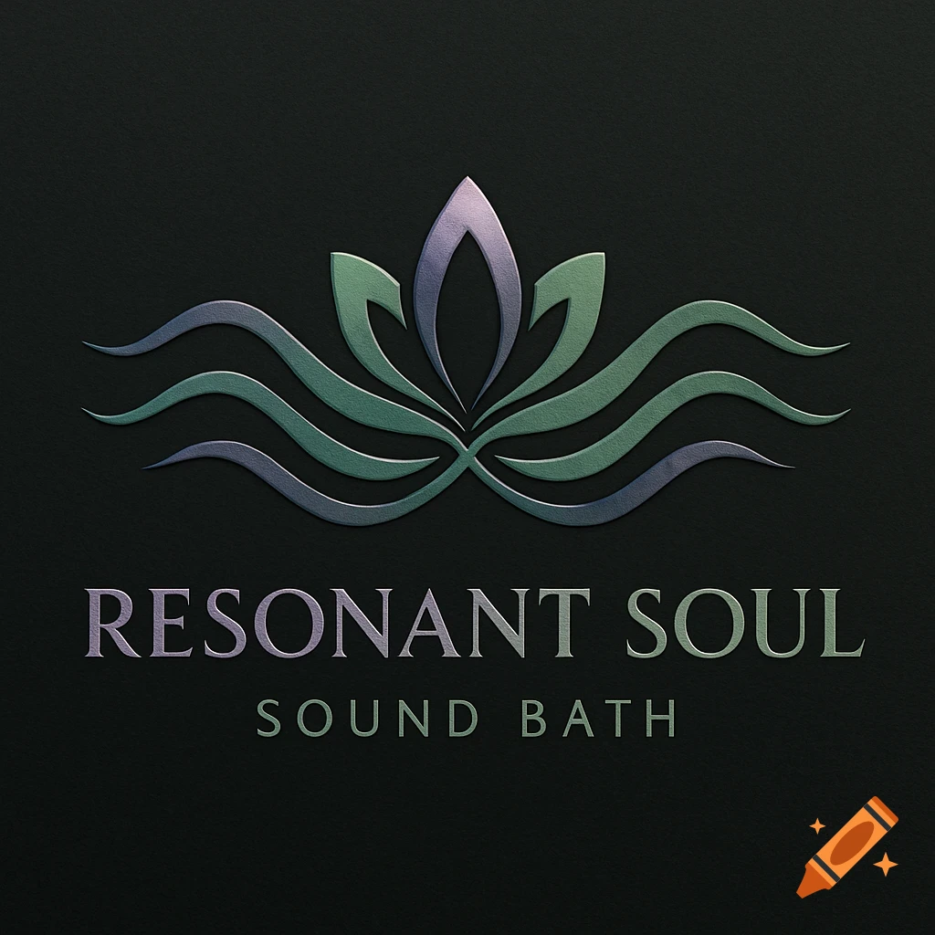 Logo for Resonant Soul Sound Bath company featuring an abstract lotus flower and wavy elements in purple, green, and grey with an embossed texture.