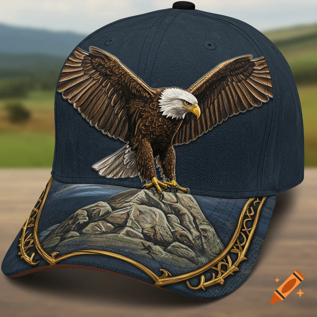 A close-up of a dark blue baseball cap featuring a detailed illustration of a bald eagle with outstretched wings on a rocky ledge.