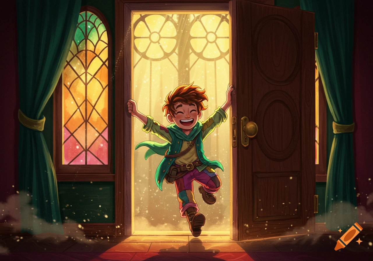 A happy cartoon boy with red hair bursts through a wooden door into a brightly lit room with stained glass windows.