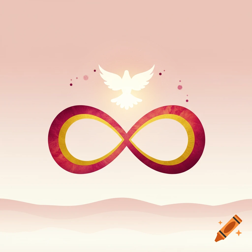 A red and gold infinity symbol with a glowing white dove above it, set against a pink and peach gradient background.