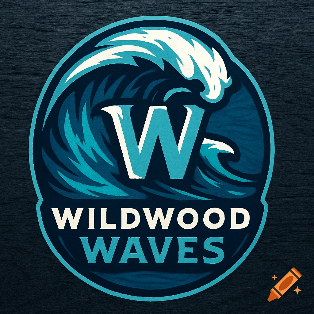 A round logo with a large blue and white wave design, featuring a large 'W' in the center and the words 'WILDWOOD WAVES' below.
