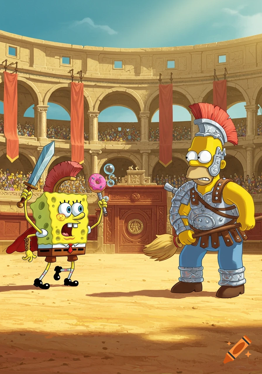 SpongeBob with a sword and bubble wand faces Homer Simpson in Roman armor with a broom, ready for battle in a cartoon gladiatorial arena.