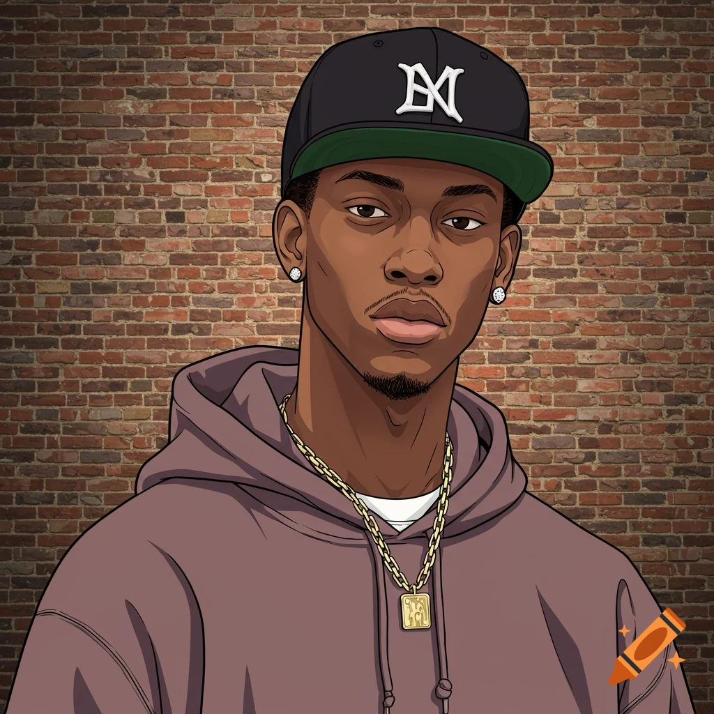 An illustration of a young man with dark skin wearing a black backwards snapback hat, a brown hoodie, and a gold chain, against a brick wall.