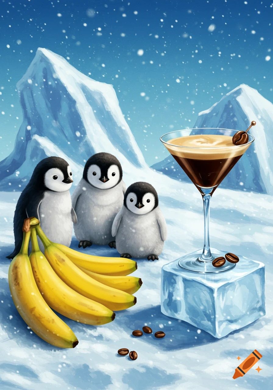 Three cute penguins stand in a snowy arctic landscape next to a bunch of bananas and an espresso martini on an ice block.