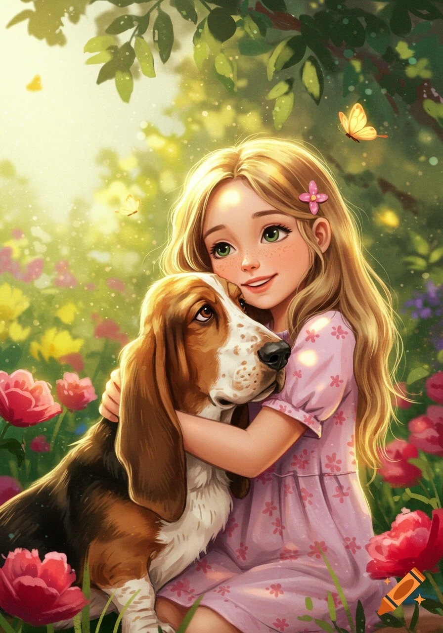 A smiling cartoon girl with blonde hair hugs a basset hound in a sunny, flower-filled field, digital illustration.