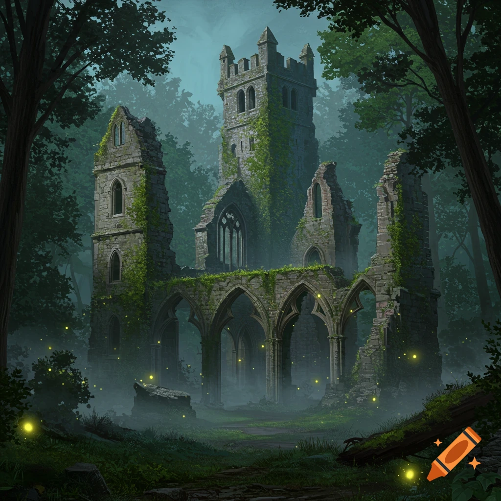 An overgrown ruined medieval castle stands amidst a dense, misty forest with glowing fireflies.