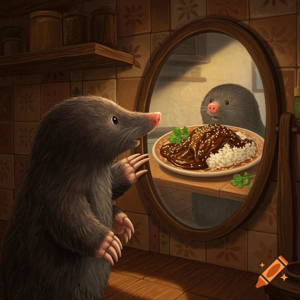 An anthropomorphic mole looks into a mirror, where its reflection shows it looking at a plate of mole sauce with rice.