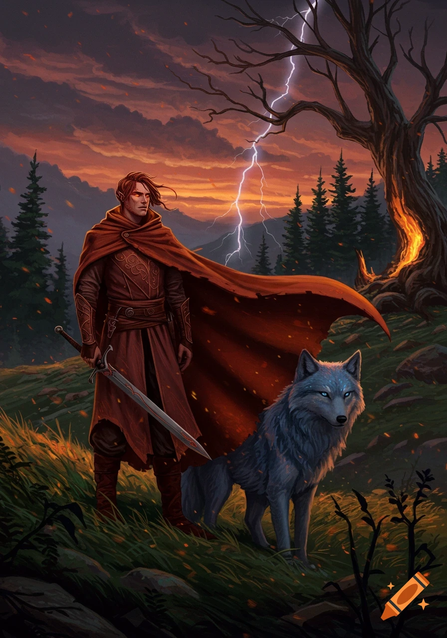 A stoic man in a red cloak with a sword stands next to a blue-eyed wolf on a grassy hill, with a stormy sunset sky and lightning striking a burning tree in the background. Fantasy art style.