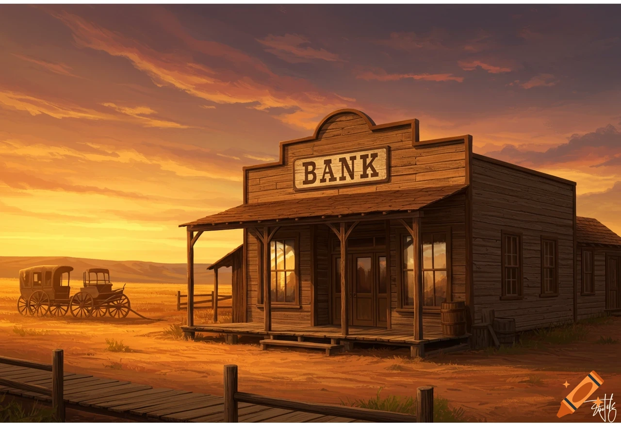 An old wooden western bank building stands against a vibrant orange and purple sunset sky, with a wagon and boardwalk in the desert.