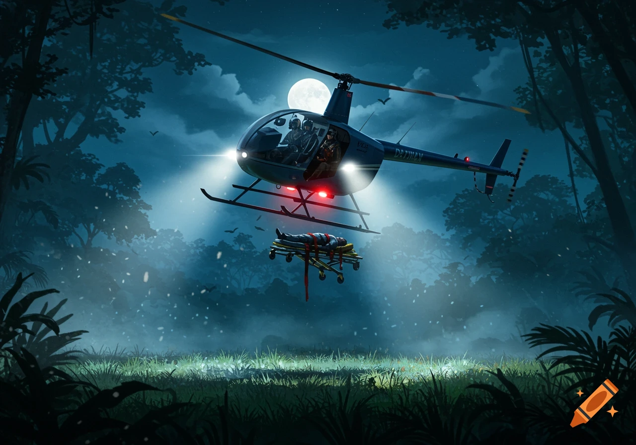 A helicopter with bright spotlights hovers over a dark jungle clearing at night, carrying a stretcher with a wrapped body under a full moon. Stylized digital art.