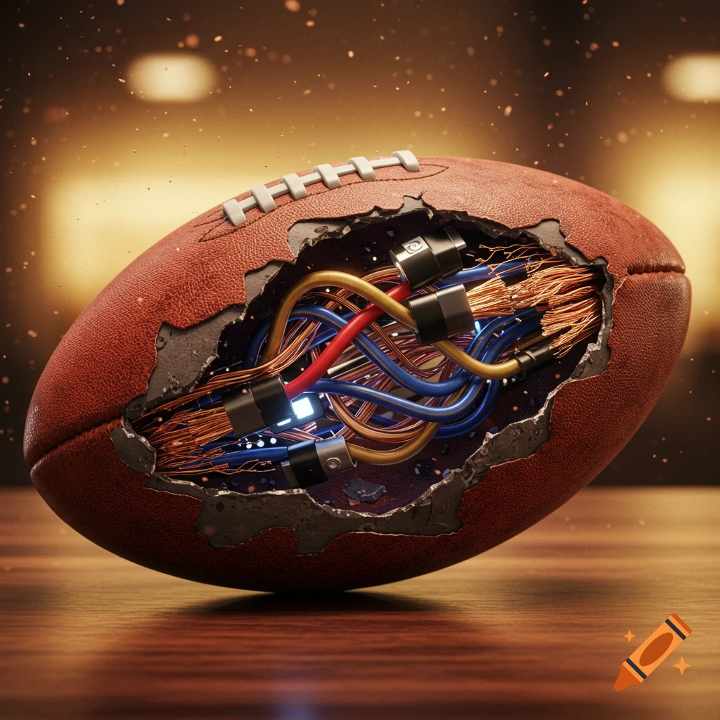 A photorealistic close-up of a brown American football ripped open to reveal colorful electrical wires and metallic components inside, resting on a wooden surface.