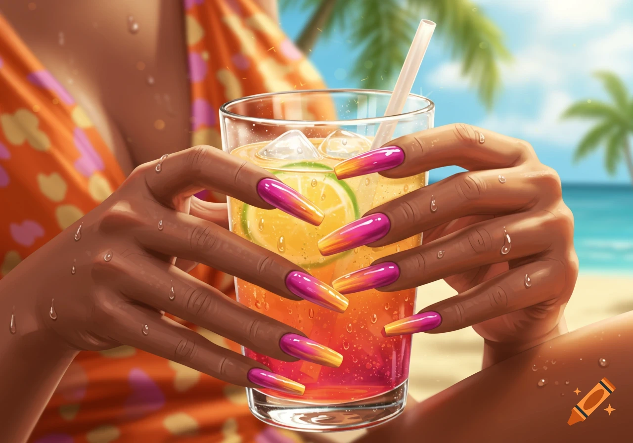 A close-up of hands with long, pink and yellow gradient fingernails holding a tropical drink with ice and lime, on a beach.