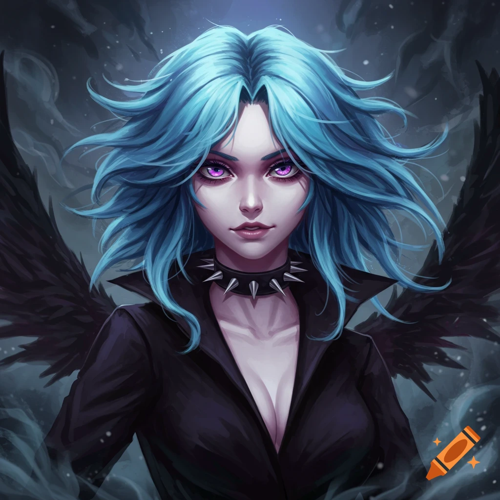 An anime woman with vibrant blue hair, piercing magenta eyes, a spiked collar, and large black wings, against a smoky background.