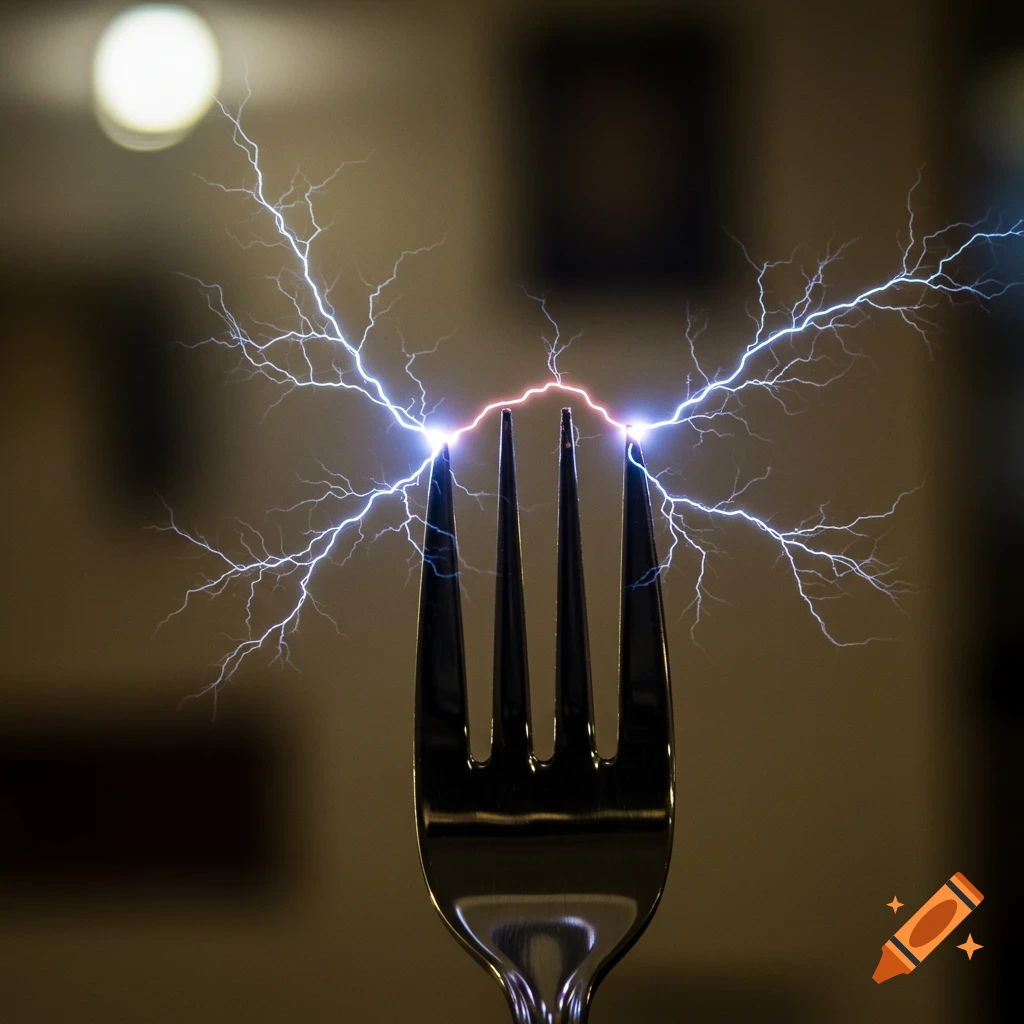 A close-up, realistic shot of a metallic fork with bright blue and pink electricity arcing between its tines.