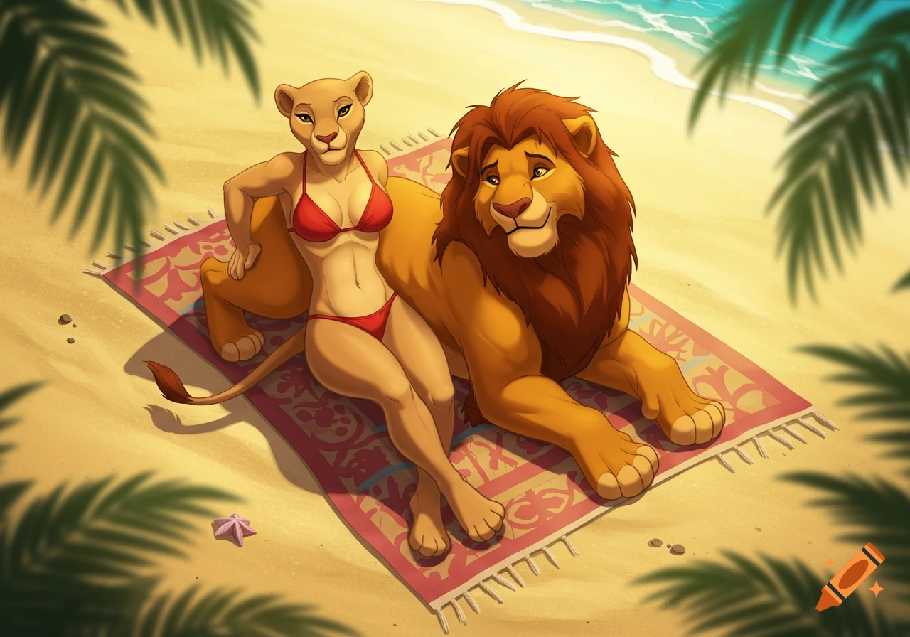 An anthropomorphic lioness in a red bikini relaxing on a beach towel next to a male lion on a sandy beach, in a 2D Disney animation style.