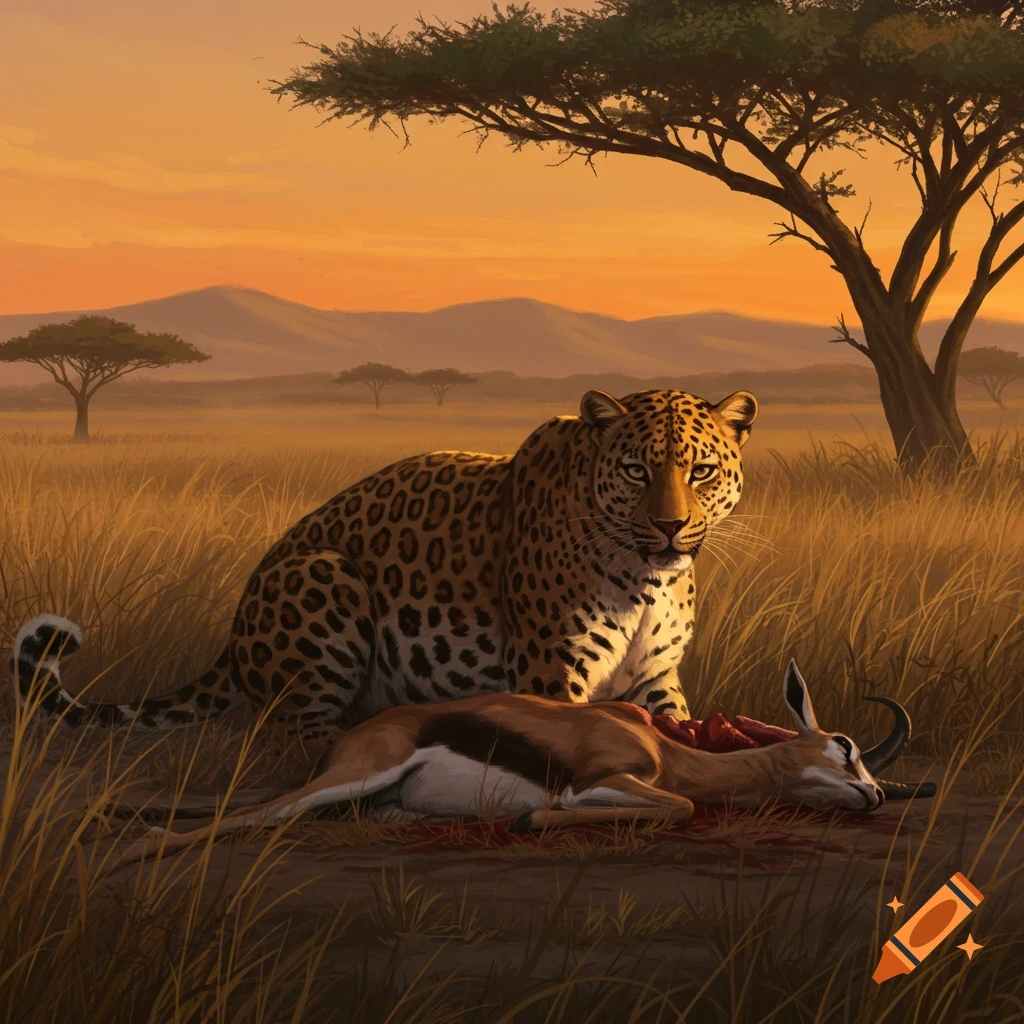 A photorealistic image of a leopard sitting beside its dead gazelle prey in a golden savanna at sunset.