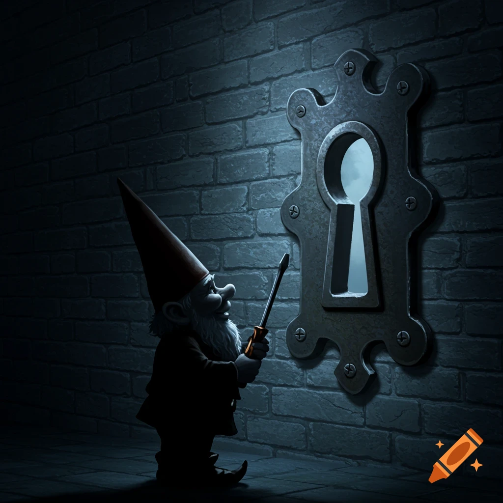 A small gnome holding a screwdriver stands before a giant keyhole on a dark brick wall.