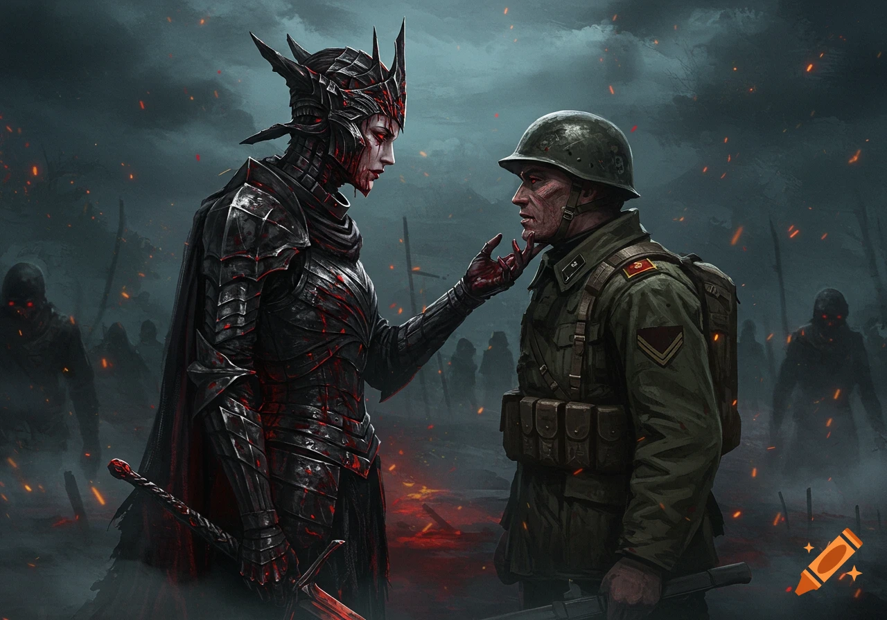 A dark armored figure with red markings touches a soldier's face on a smoky, ember-filled battlefield in a dark fantasy style.