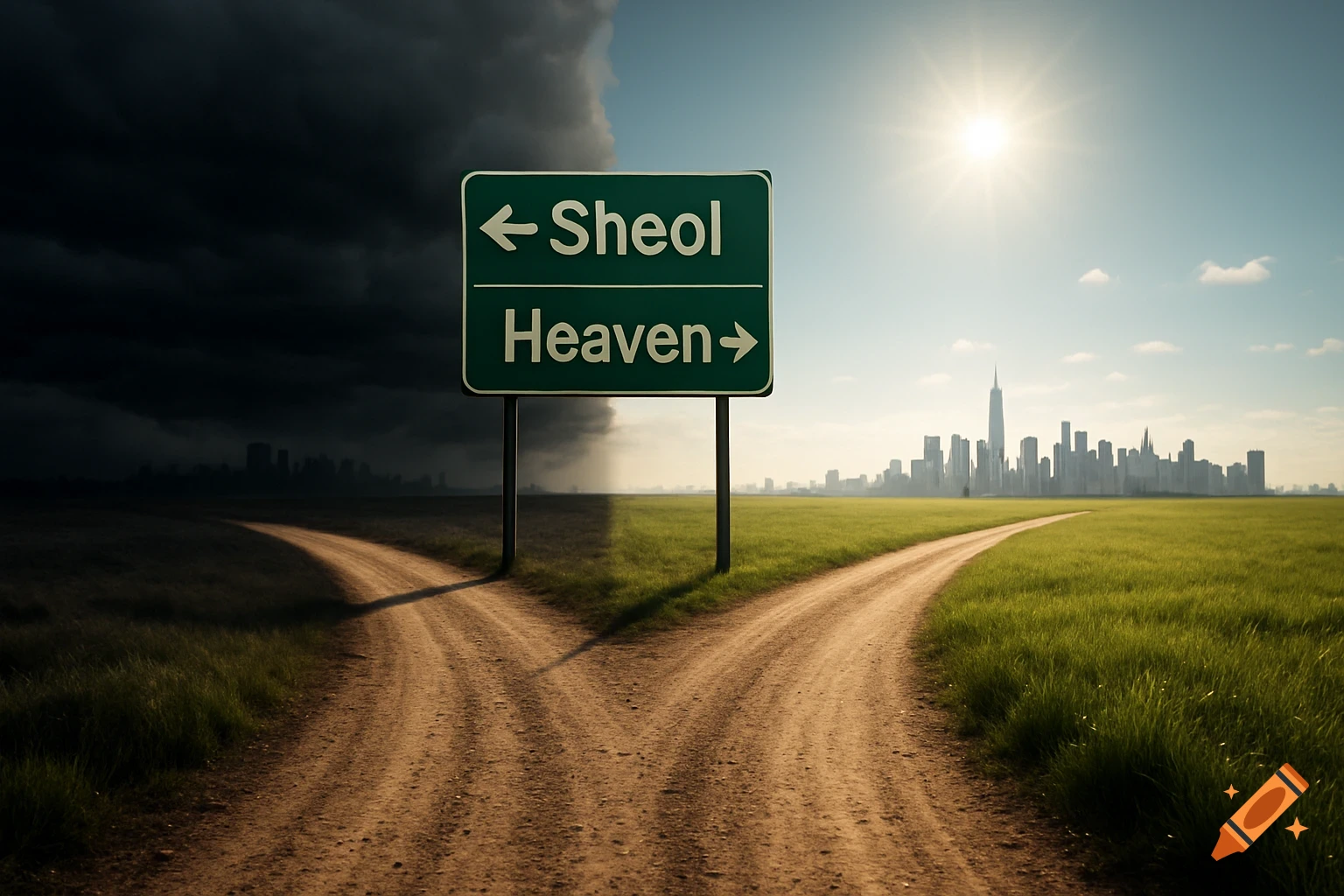 A Y-shaped dirt road forks, with a sign pointing left to 'Sheol' under dark stormy clouds and right to 'Heaven' under bright sunny skies towards a distant city.