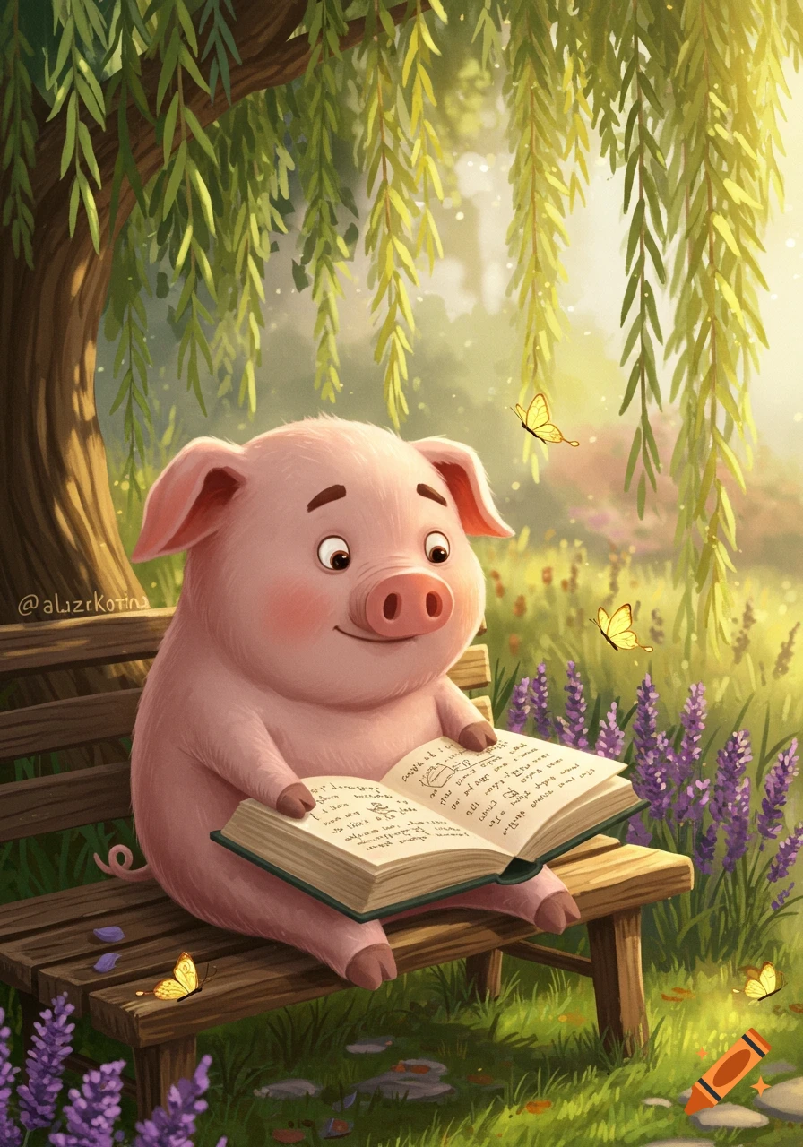 A cute cartoon pig sits on a wooden bench under a willow tree, engrossed in reading a book in a sunlit garden with lavender flowers and butterflies.