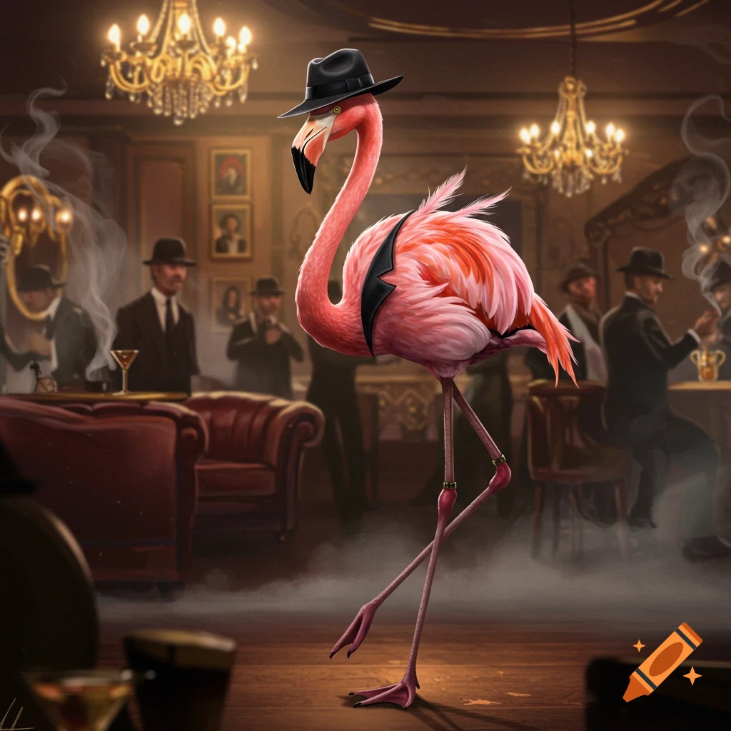 A pink flamingo wearing a black fedora and vest stands in a dark, smoky bar with chandeliers and blurry figures of men in suits.