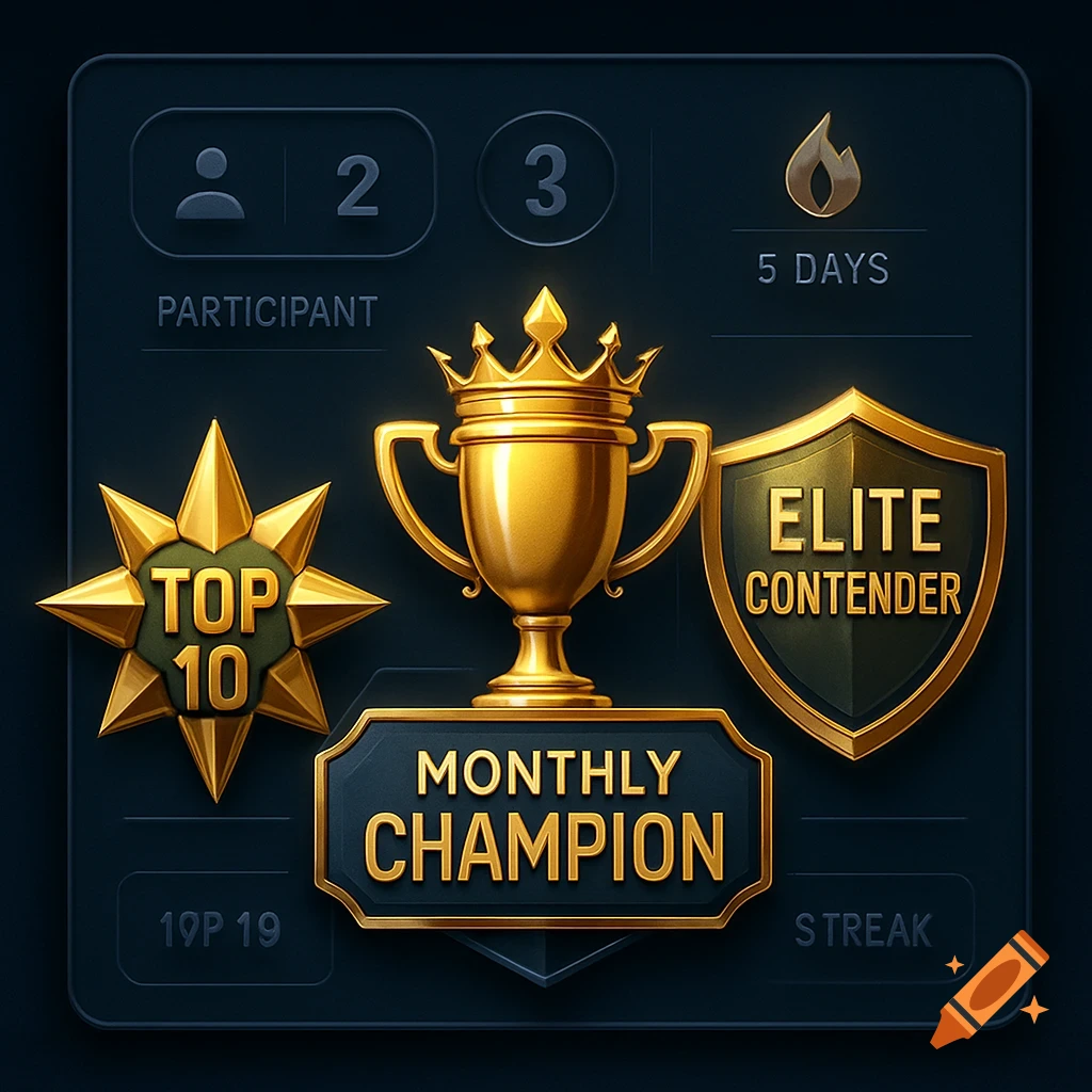 A dark user interface display with gold and black award badges including a trophy, a star, and a shield, labeled 'MONTHLY CHAMPION', 'ELITE CONTENDER', and 'TOP 10'.