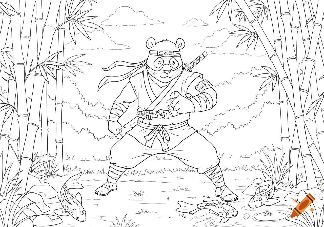 A coloring book style line art of a ninja panda in a fighting stance amidst bamboo, with koi fish around its feet.