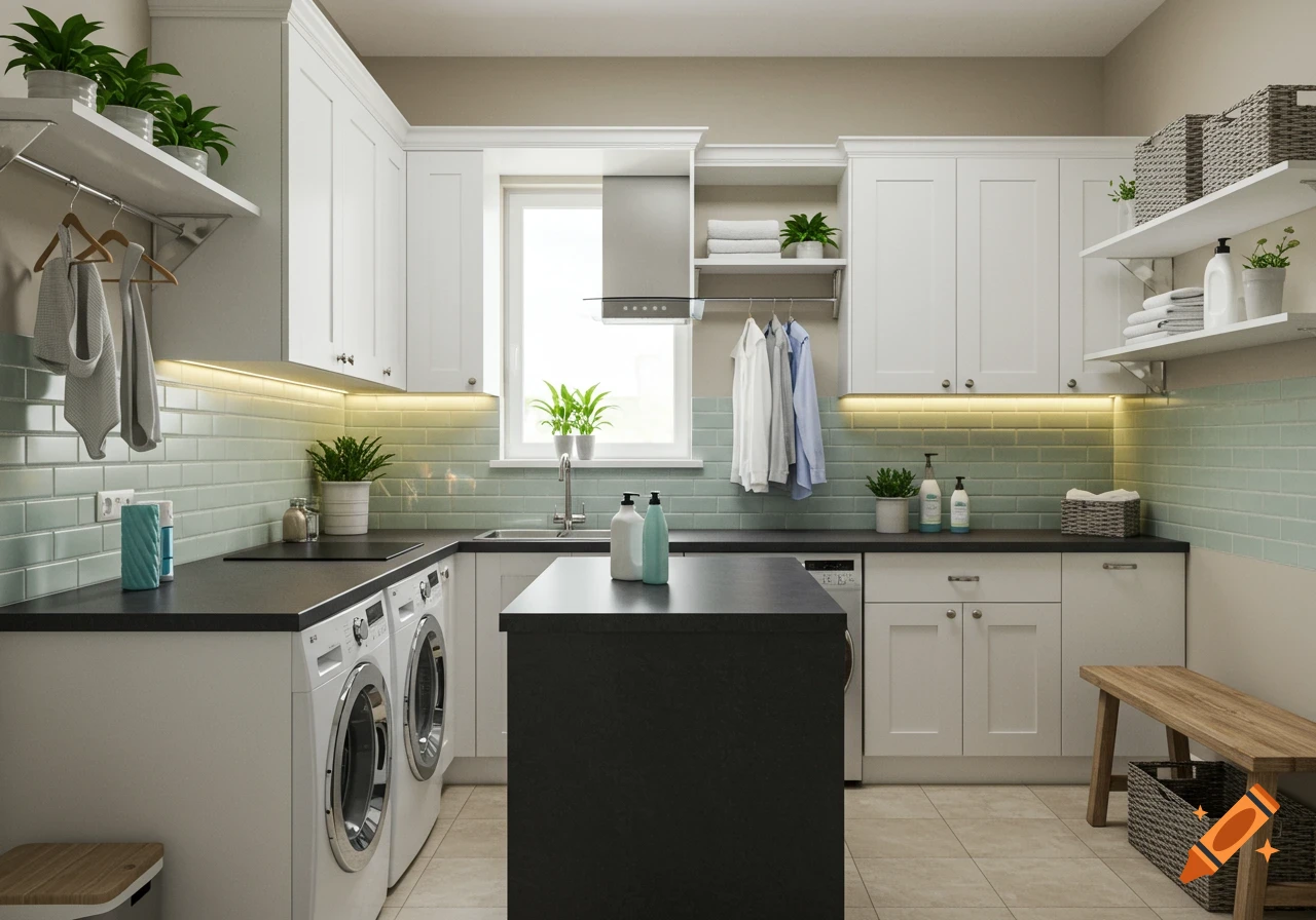 A modern laundry room with white cabinets, dark gray countertops, light blue subway tile backsplash, and beige floor tiles. Two washing machines and an island are present.