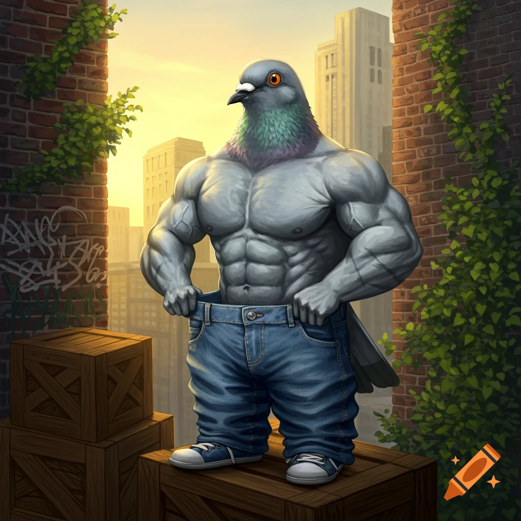 A muscular, anthropomorphic pigeon stands on wooden crates on a city rooftop, pulling up its saggy blue jeans, with brick walls and buildings in the background at sunset. Digital illustration.