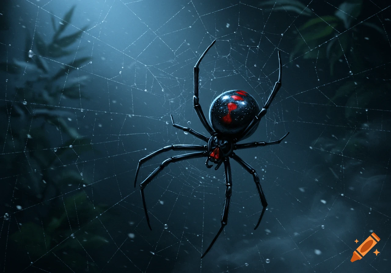 A black widow spider with a red hourglass marking on its abdomen is centered on a dew-covered spider web in a dark, atmospheric setting.