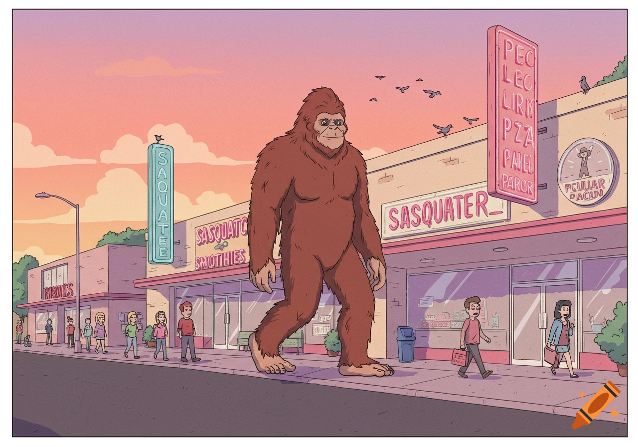 A large, brown cartoon bigfoot walks down a street in front of a strip mall with various shops under a pink and orange sky.
