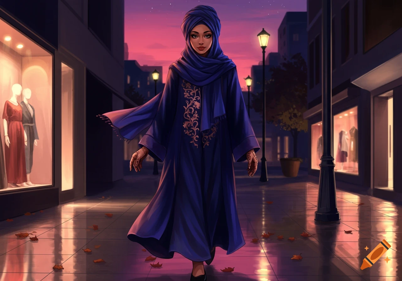 A digitally illustrated woman in a blue hijab and embroidered blue dress walks down a city street at sunset, past shop windows and lampposts.