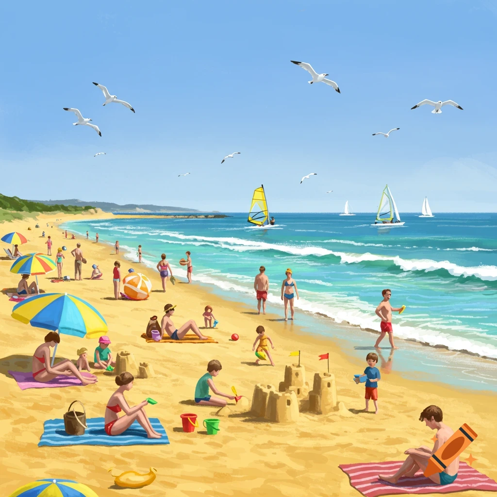 Many people enjoy a sunny day at a sandy beach with blue water, white waves, and seagulls flying overhead. Some are building sandcastles, others are swimming or sunbathing. Sailboats are visible in the distance.