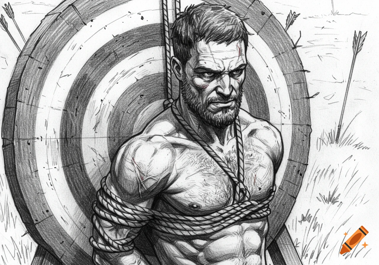 A black and white sketch of a muscular man tied to a target, with arrows stuck in the ground around him.
