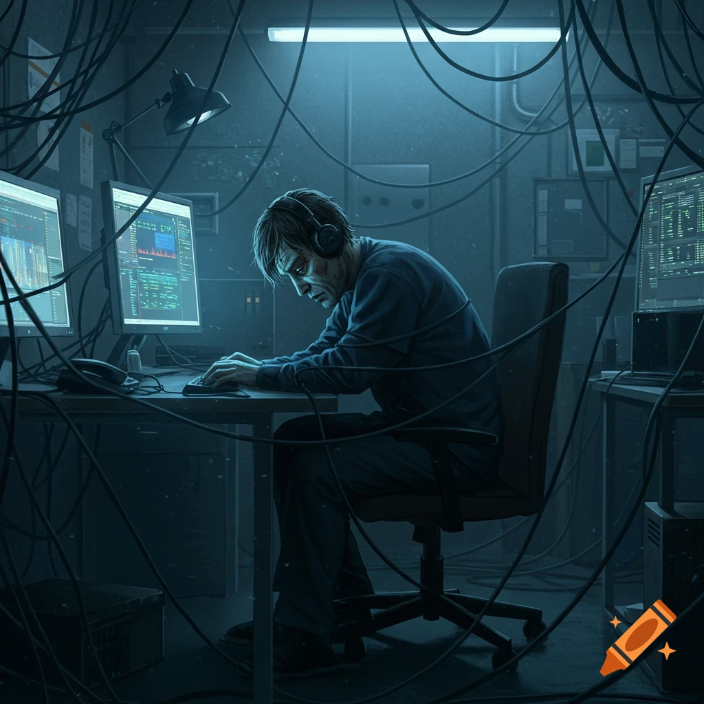 A drained man wearing headphones types at a desk with multiple computer monitors, surrounded by a tangle of cables in a dark, futuristic room.