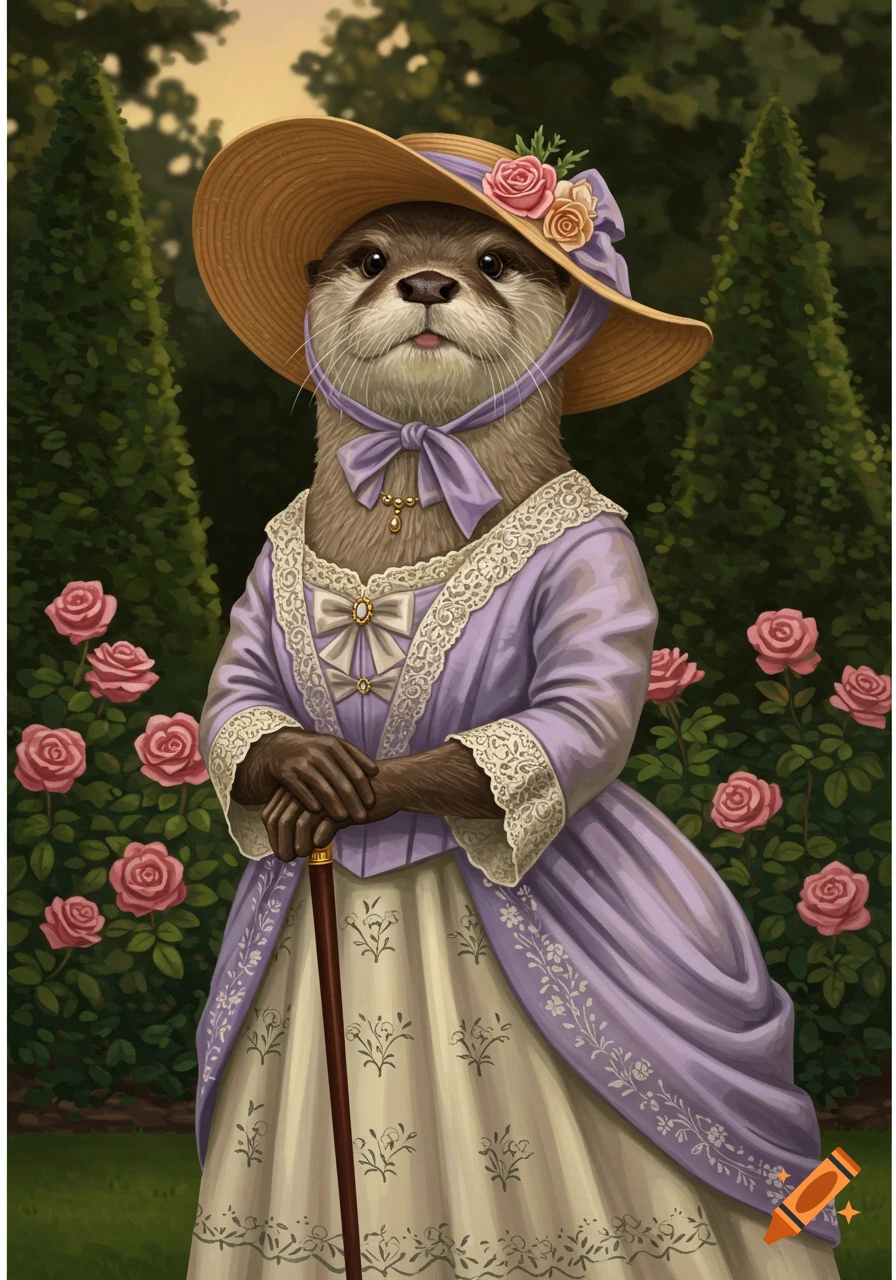 A painted portrait of a female otter dressed in a purple Victorian gown and straw hat, holding a cane in a garden.
