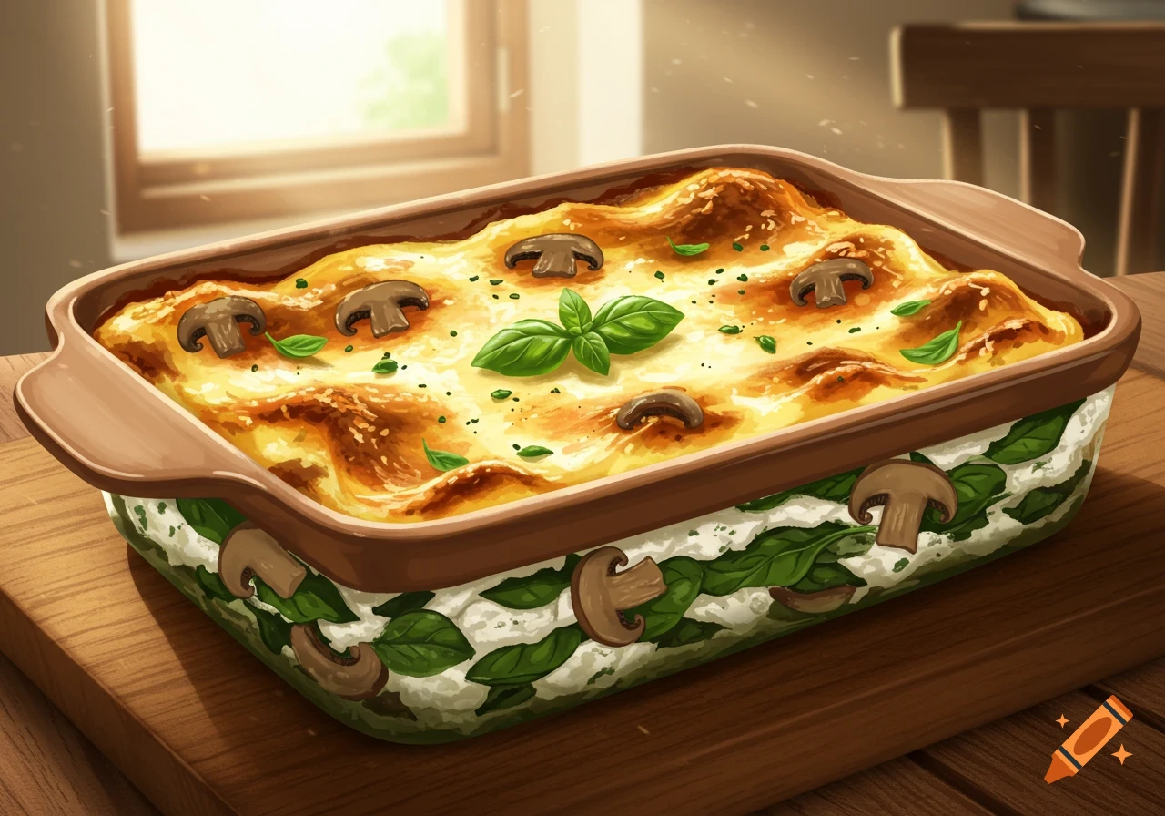 An illustrated spinach and mushroom lasagna in a brown baking dish on a wooden table, with a sunny window in the background.