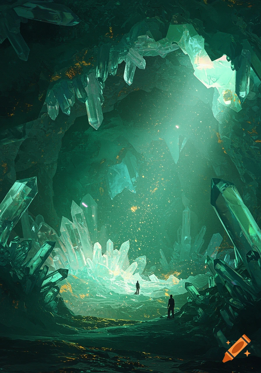 A dark cave filled with glowing green and blue crystals, with two small figures walking towards a bright light.