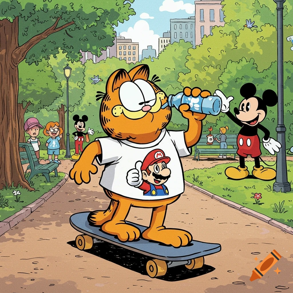 Cartoon Garfield on a skateboard, drinking from a water bottle, wearing a shirt with Mario. Mickey Mouse is in the background in a park.