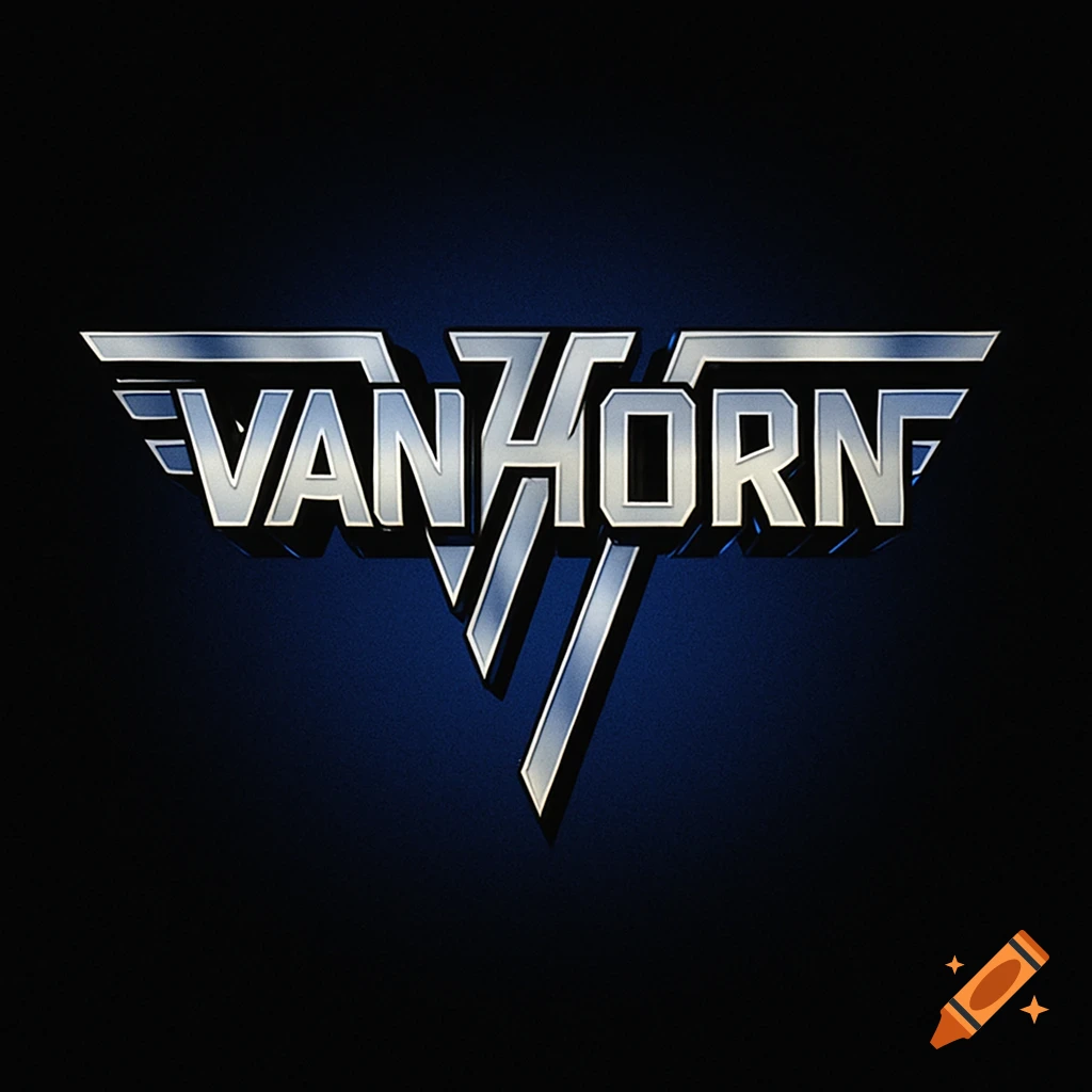 A metallic silver band logo for 'VAN HORN' on a dark blue background.