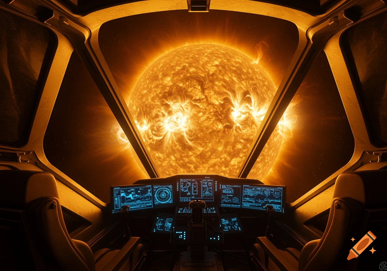 View from a futuristic spaceship cockpit looking out at a giant, glowing sun in space.