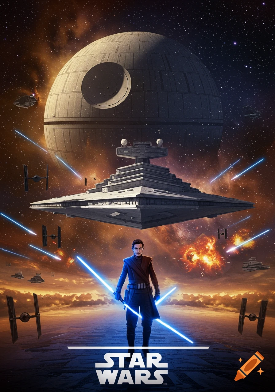 A Star Wars poster featuring a character holding two blue lightsabers, with a Star Destroyer, TIE fighters, and the Death Star in space. The 'STAR WARS' logo is at the bottom.