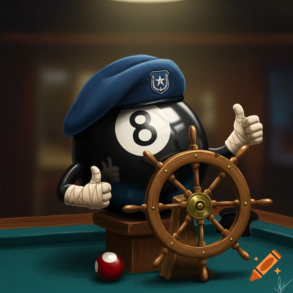A cartoon eight ball character wearing a blue beret, giving a thumbs up, and holding a ship's wheel on a pool table.