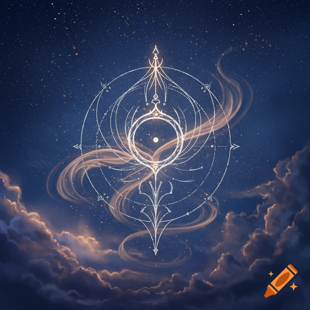 A glowing, intricate white symbol with flowing lines and circles set against a dark blue starry night sky with clouds.