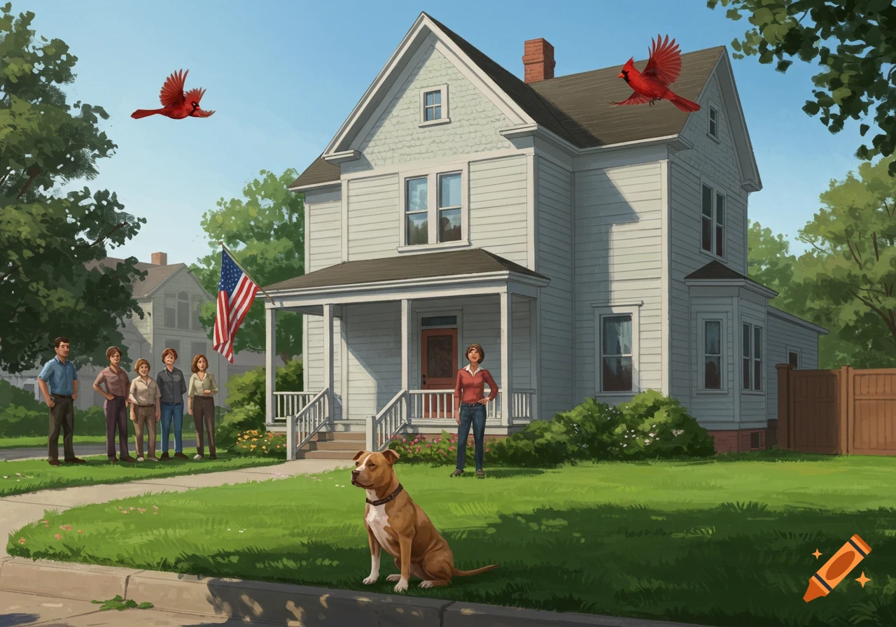 A family stands in front of a light grey house with a US flag, while a light brown pitbull sits in the yard and red cardinals fly overhead.