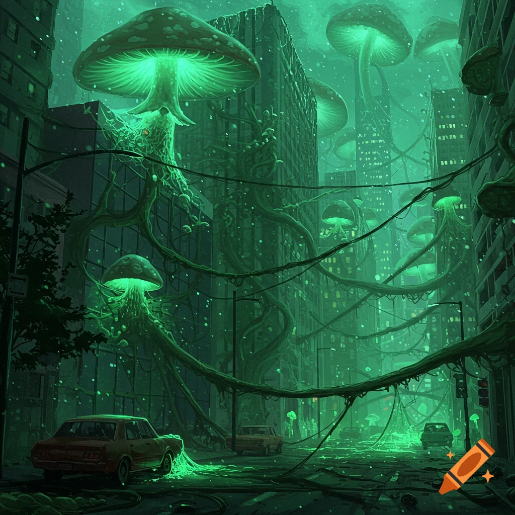 Digital art of a decaying city street at night, overgrown by large, glowing green mushrooms and thick vines, with abandoned cars.