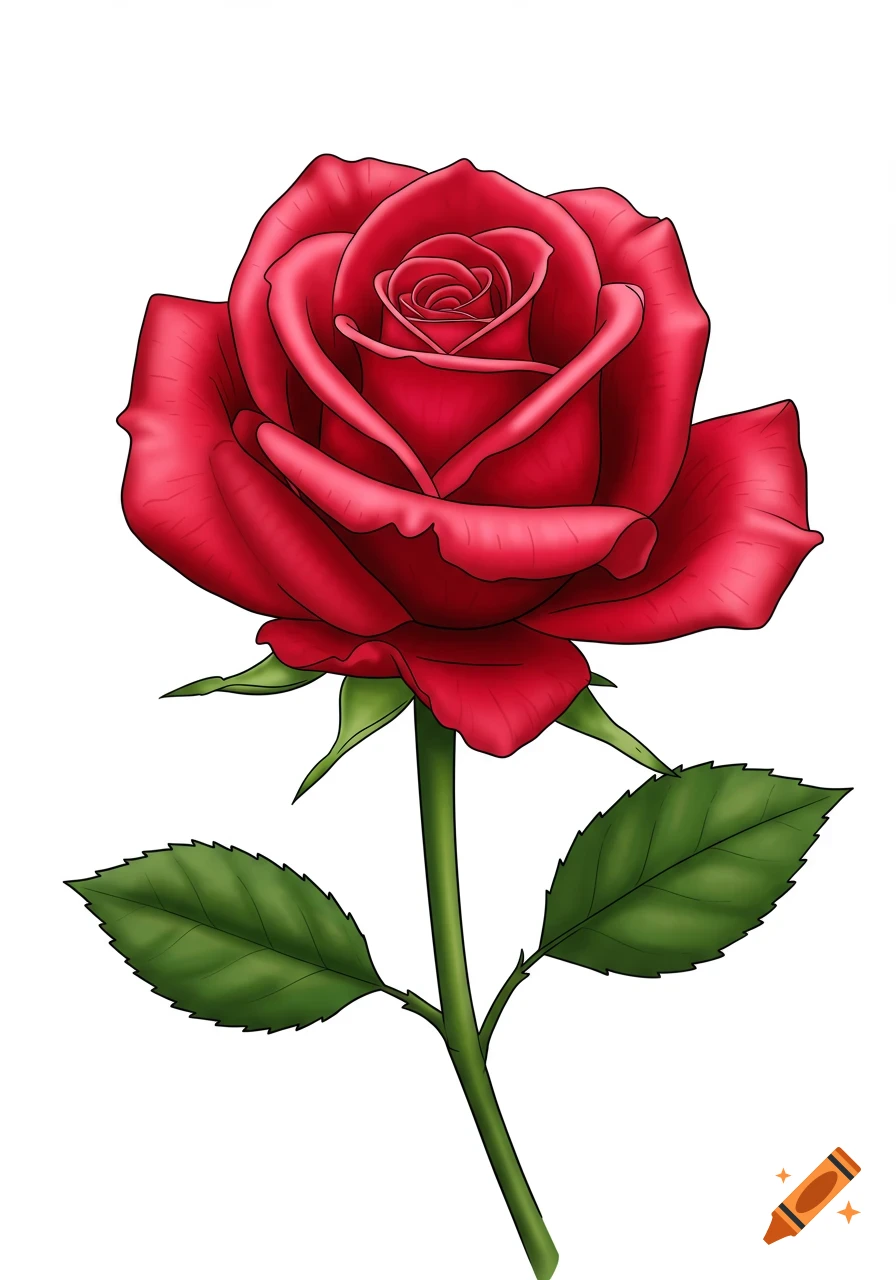 A 2D illustration of a vibrant red rose with a green stem and two green leaves on a white background.