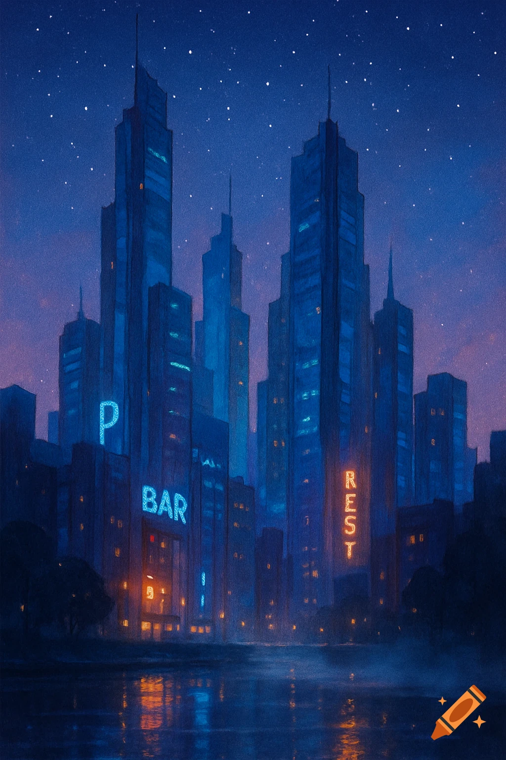 Dreamy blue cityscape at night with illuminated skyscrapers, neon signs for "P", "BAR", and "REST", reflecting in water under a starry sky.