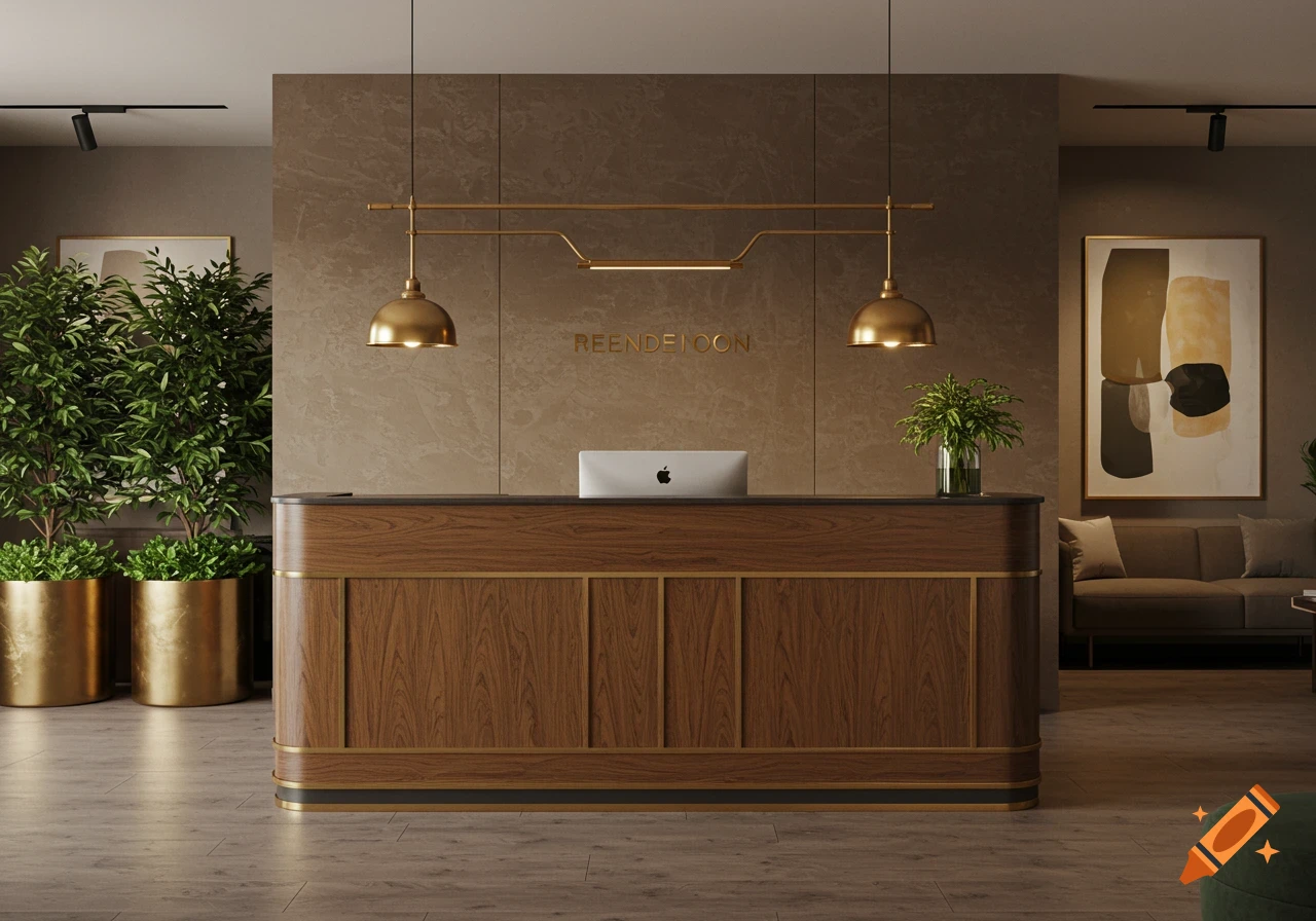 A modern office reception features a timber desk with bronze detailing, an Apple iMac, and potted plants. A sofa and abstract art are visible in the background.
