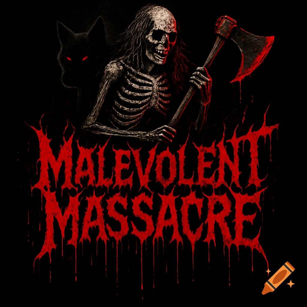 Stylized horror art of a skeleton holding a bloody axe, with a shadowy wolf behind it and the words 'MALEVOLENT MASSACRE' in dripping red text.